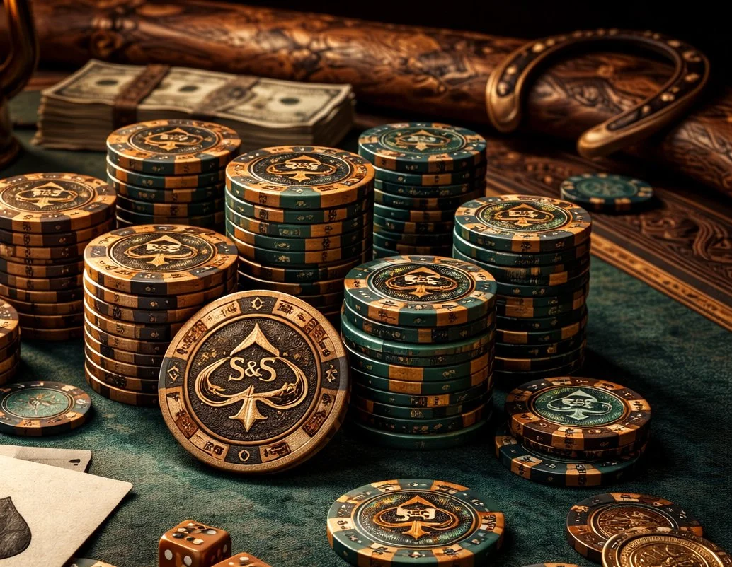 Stacks of casino poker chips and playing cards on a green felt table, with a handgun and a stack of cash in the background.