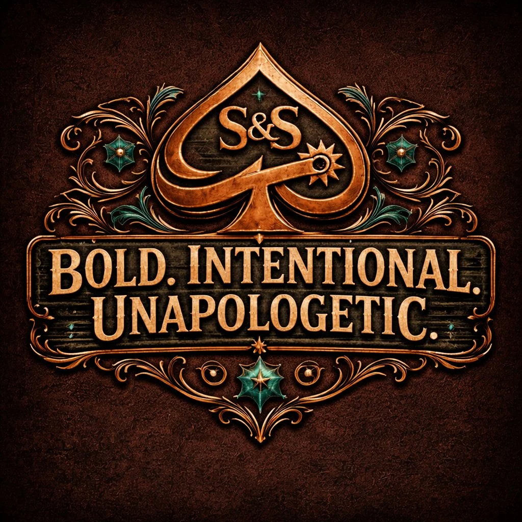 An ornate decorative logo featuring the initials “S&S” alongside a spade symbol, with the tagline “Bold. Intentional. Unapologetic.” presented in a strong vintage-style typeface on a dark, textured background.