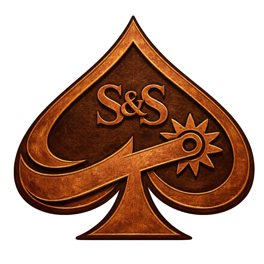 A spade-shaped emblem with a textured brown background, featuring the text "S&S" in the upper part, a stylized sun or star symbol along a curved ribbon below, all in a metallic bronze color.