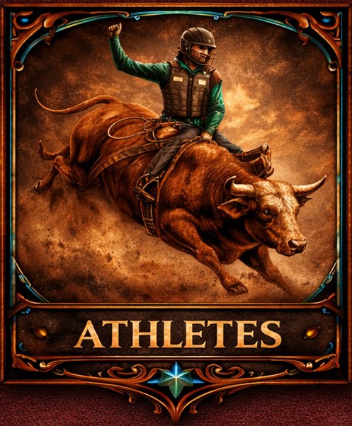 A digitally illustrated cover featuring a person in sports gear riding a charging bison, with the word "ATHLETES" at the bottom.