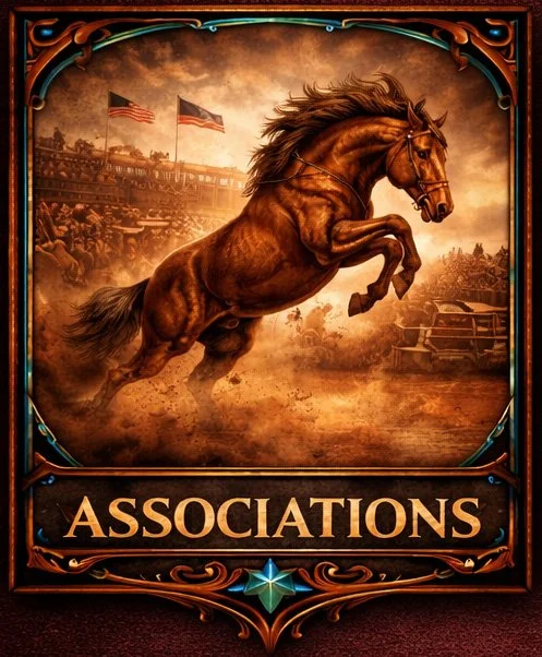 A muscular brown horse rearing with dusty stadium and American flags in the background, framed with ornate borders and the word 'Associations' at the bottom.