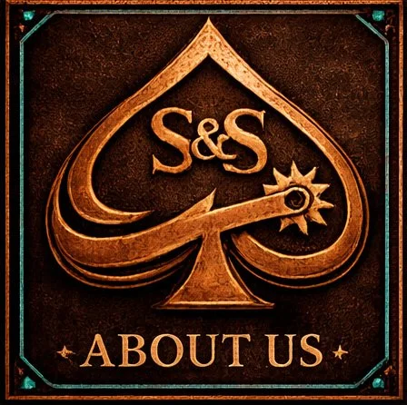 A metallic emblem resembling an ace of spades with the letters 'S&S' and the words 'About Us' on a dark background.