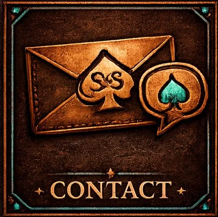A graphic with an envelope icon and a spade symbol marked 'SS', beneath which is the word 'CONTACT', with a speech bubble containing a spade symbol.
