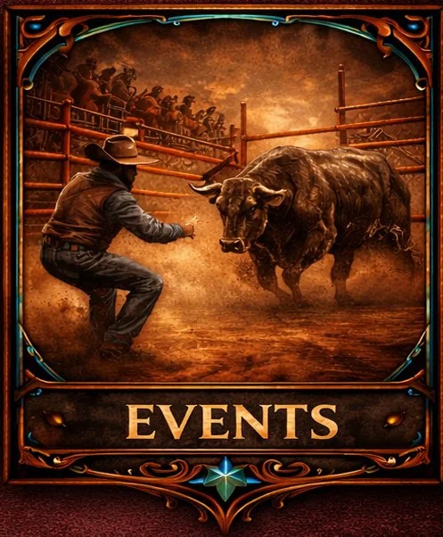A man in cowboy attire is facing off against a large bison in a dusty rodeo ring, with a wooden fence and spectators in the background. The image has a decorative border and a label that says 'Events.'