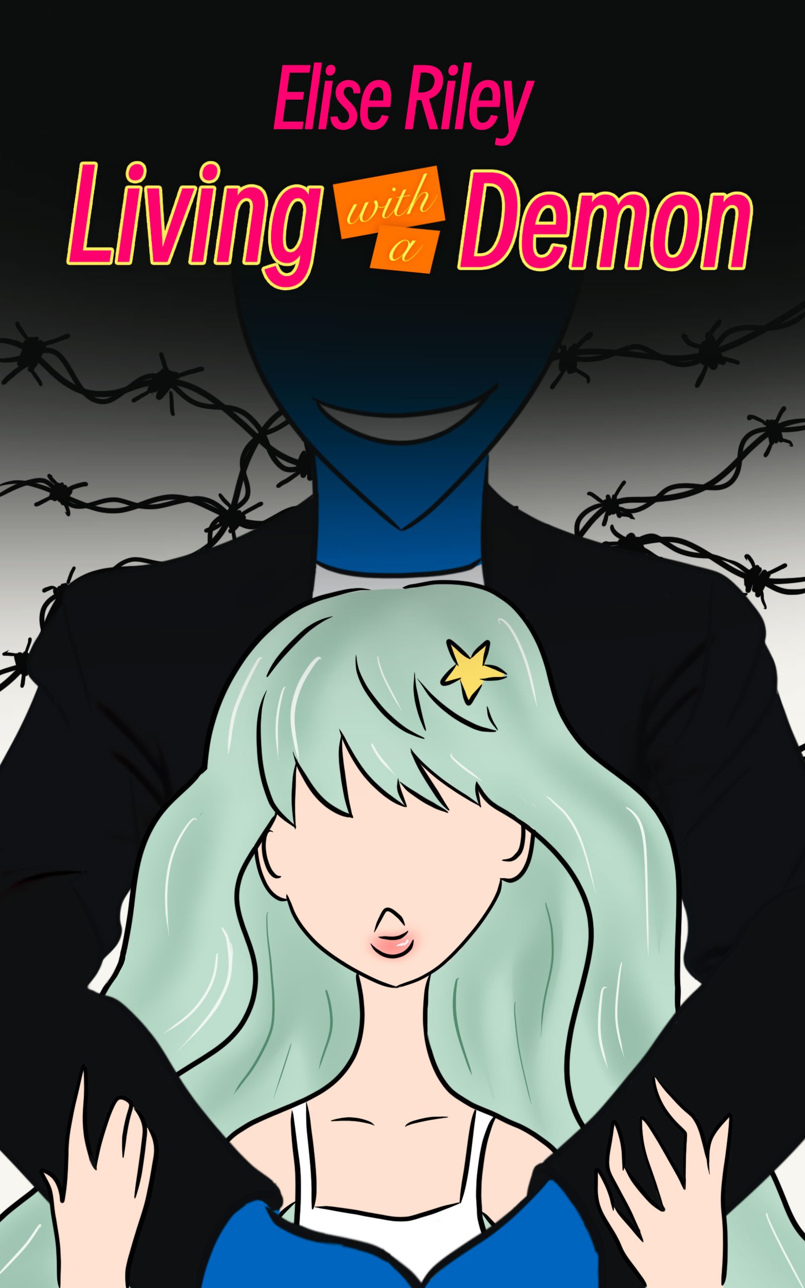 The cover of the book shows a blue demon wrapping his arms protectively around a girl with mint colored hair. The title, "Living with a Demon," and the author, "Elise Riley," are shown.