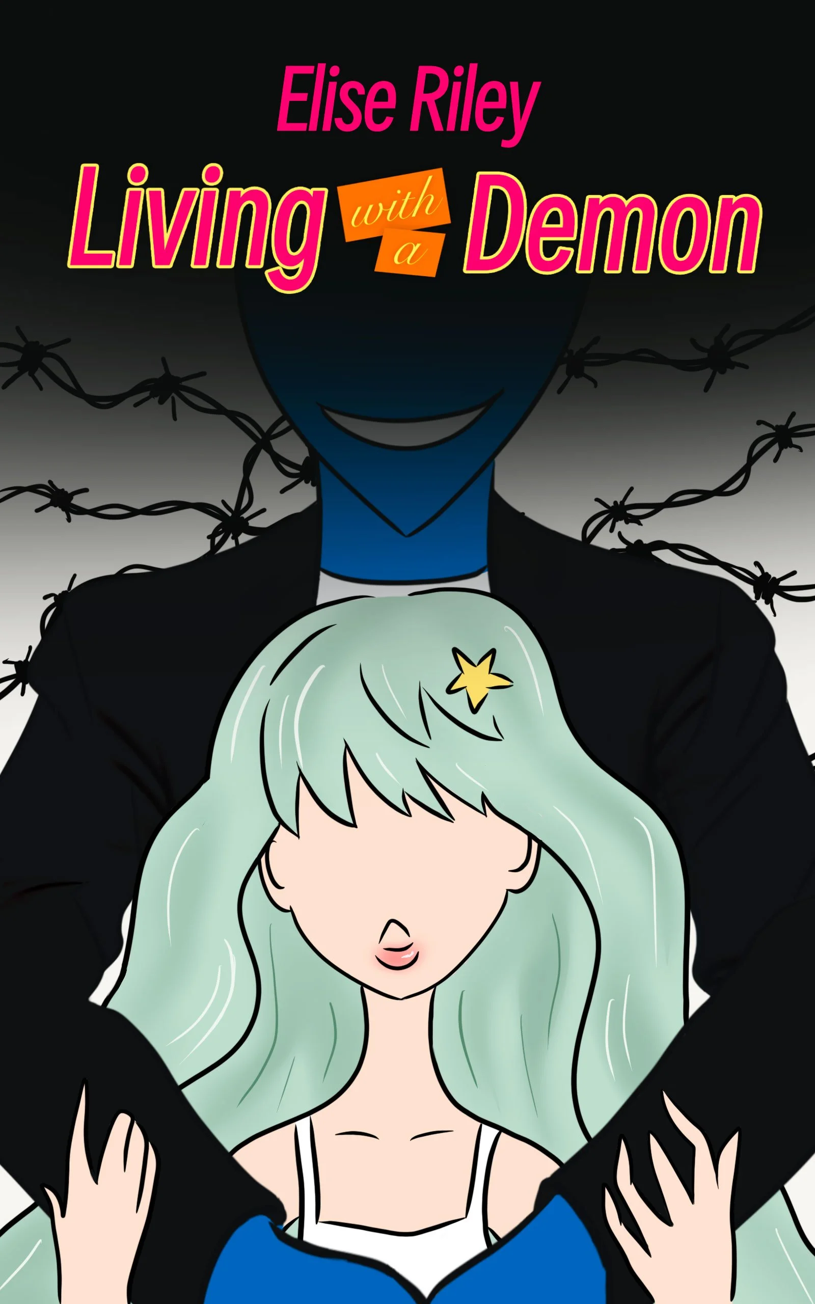 The cover of the book shows a blue demon wrapping his arms protectively around a girl with mint colored hair. The title, "Living with a Demon," and the author, "Elise Riley," are shown.