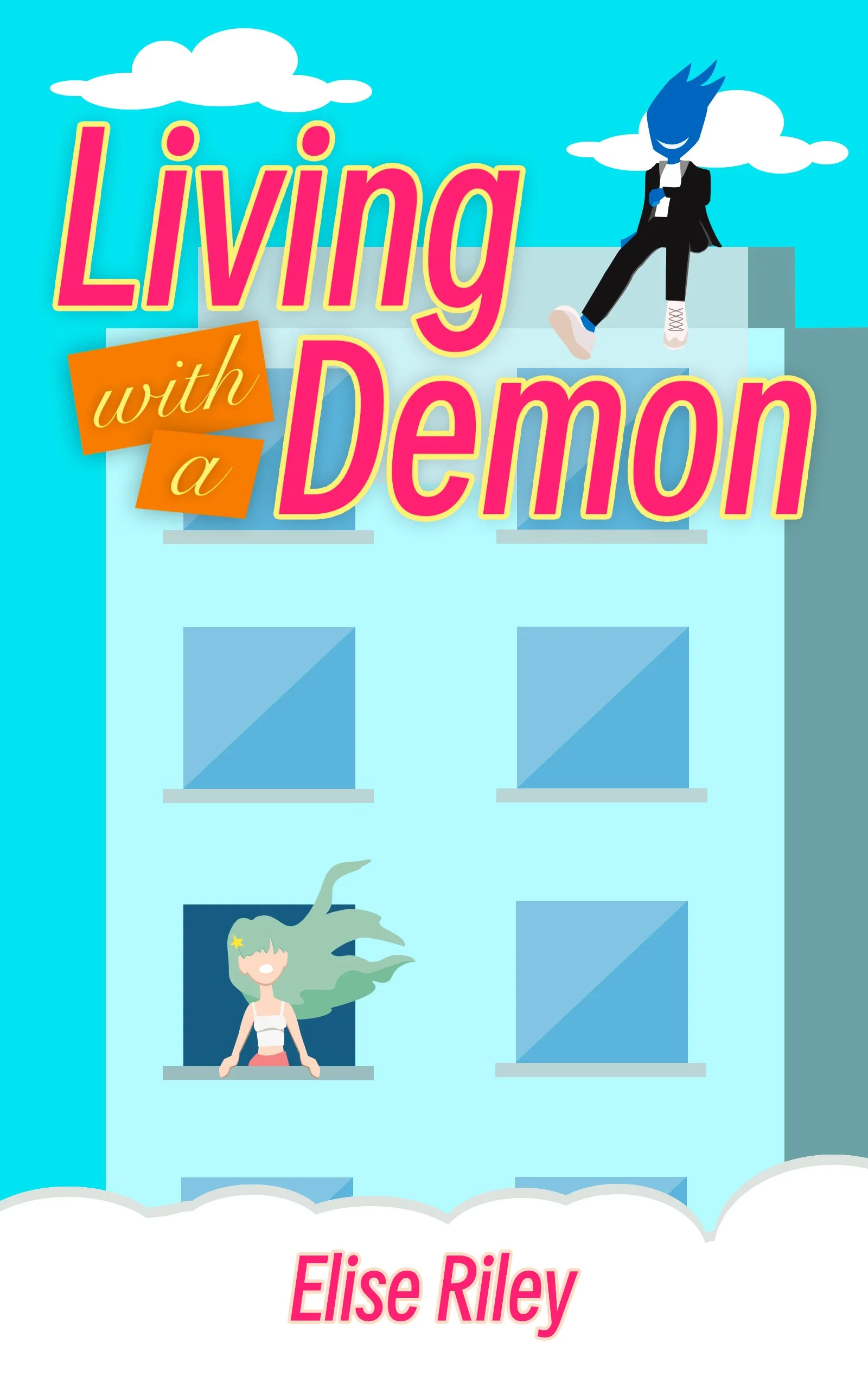 The splash art shows a girl with mint colored hair looking out her window at a blue demon sitting on the rooftop of the tall apartment building. Clouds are shown at the bottom of the image.
