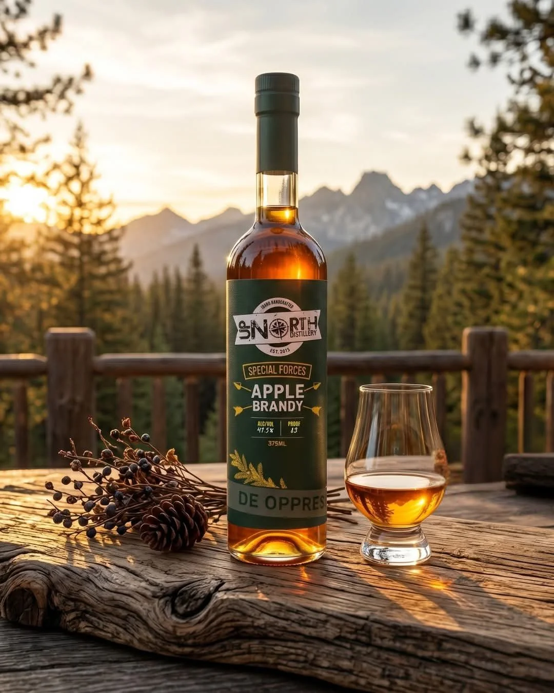 A bottle of apple brandy labeled 'Special Forces' with a glass of amber liquid on a rustic wooden table outdoors at sunset, with pine trees and mountains in the background.