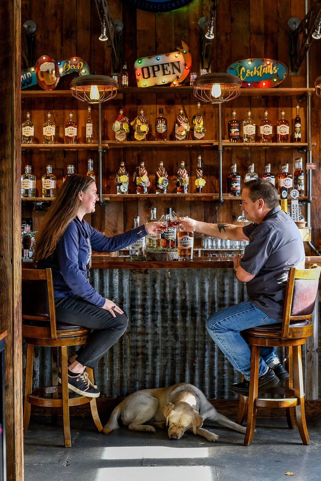 A man and woman are sitting on chairs in a bar, raising their glasses for a toast. A sleeping dog is lying on the floor beneath their chairs. The background features shelves of liquor bottles and neon signs that read 'Beer,' 'Open,' and 'Cocktails.'