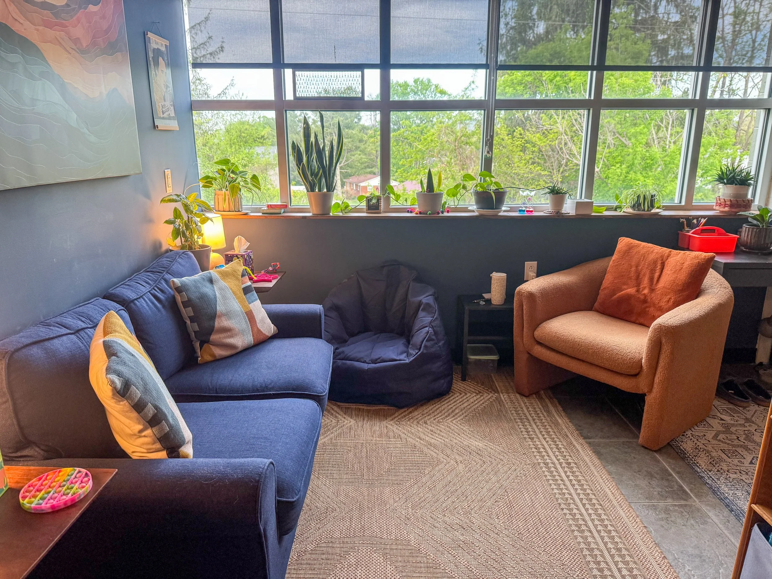 Living room with large windows showing green trees outside, blue walls, a blue couch with pillows, a beige armchair with a pillow, various potted plants on the windowsill, a small table with a colorful fidget toy, and a patterned rug.