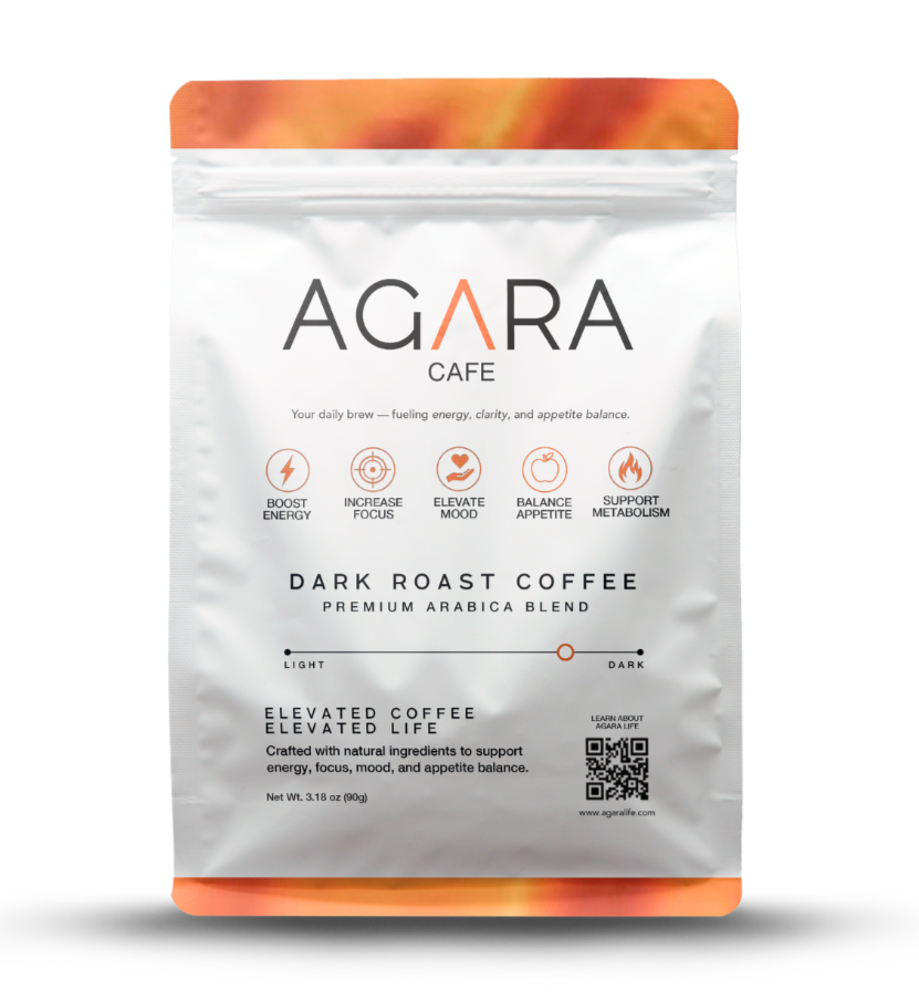 Bag of Agara Cafe dark roast coffee with a white and orange design, featuring icons for energy, focus, mood, appetite, and metabolism, and labeled as premium Arabica blend.