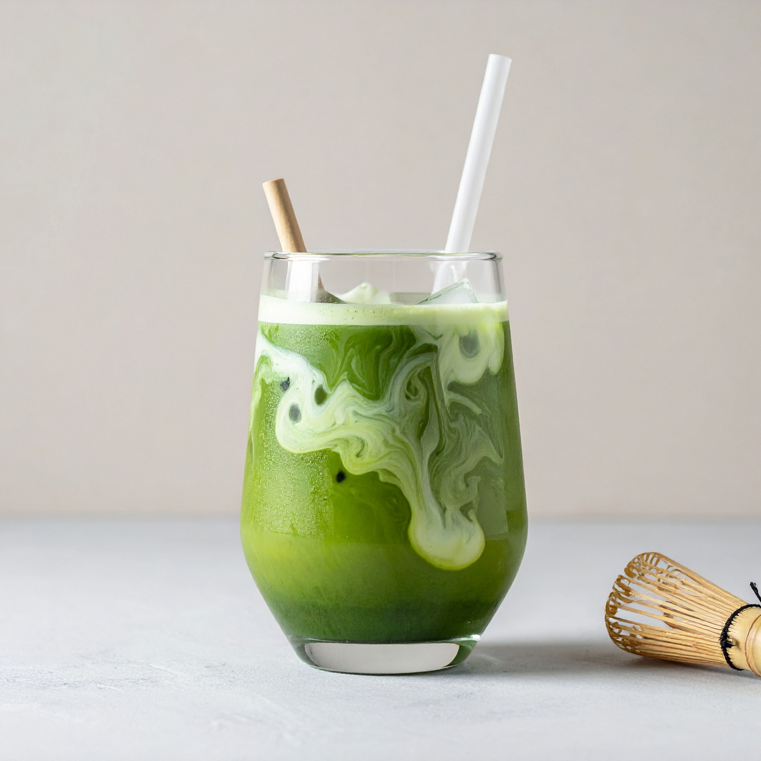 A glass of green matcha latte with swirls of cream, ice, and two straws, one white and one wooden, placed on a light-colored surface with a bamboo whisk beside it.