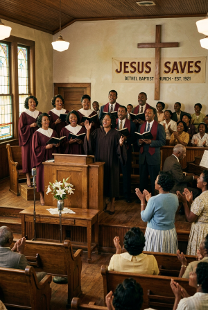 A gospel choir of African American people singing in a church with a cross and a sign that reads 'Jesus Saves' in the background. Some are standing and holding songbooks, while others are seated or clapping.