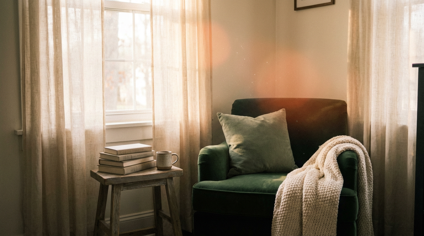 Cozy green armchair with a beige pillow and knit blanket, beside a small wooden table with books and a mug, in front of a window with beige curtains, warm sunlight streaming in.
