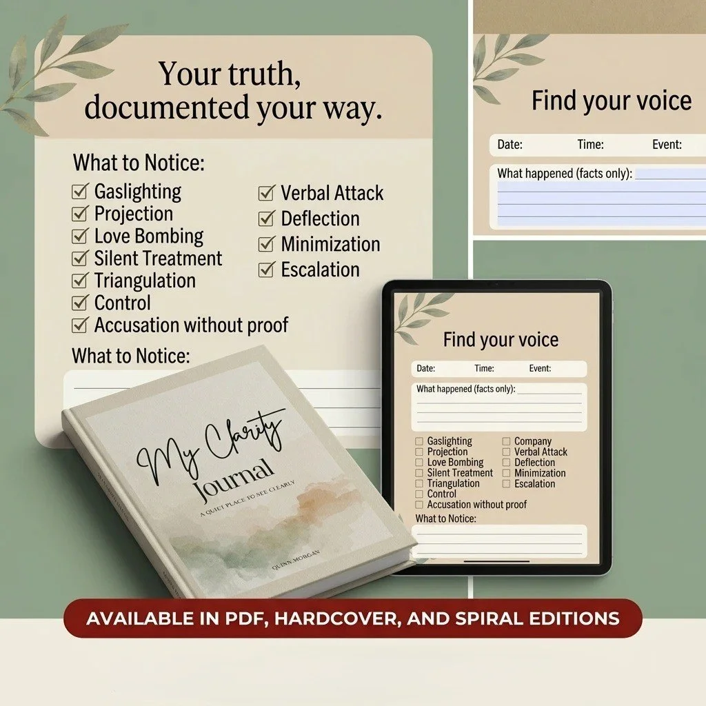 My Clarity Journal and healing worksheets bundle by Quinn Morgan ;  tools for recognizing narcissistic abuse signs including gaslighting, trauma bonds, and verbal abuse. Available in PDF, hardcover, and spiral editions at quinnmorganauthor.com.