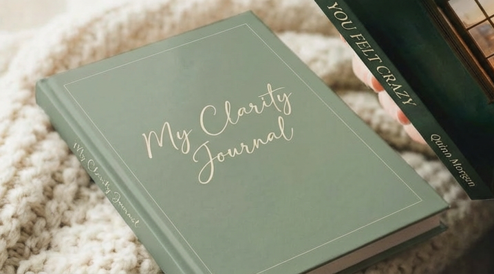 A light green journal titled 'My Clarity Journal' resting on a textured beige blanket, with one other book partially visible nearby.