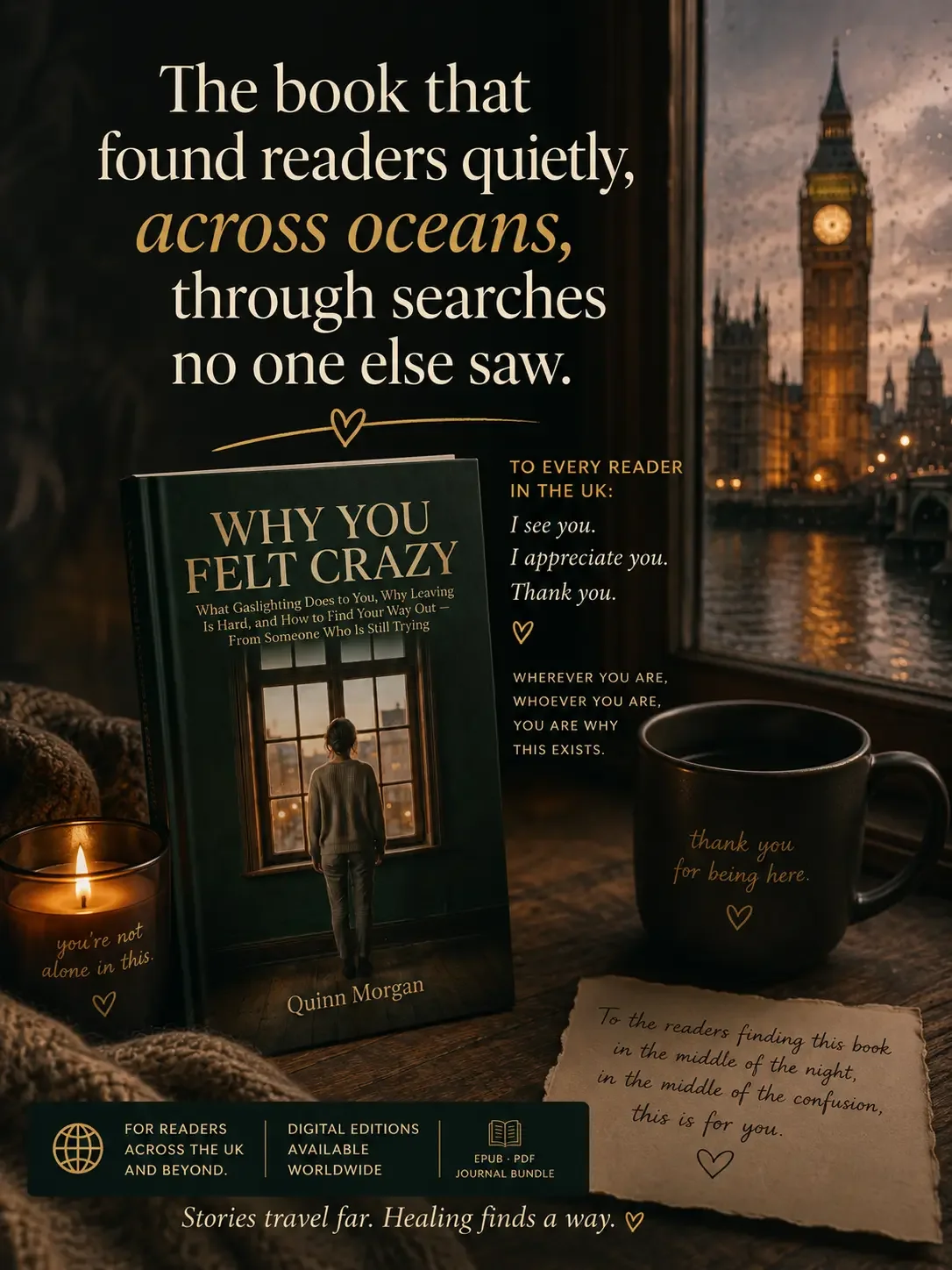 Why You Felt Crazy by Quinn Morgan on a windowsill — book about gaslighting, emotional abuse, and coercive control.
