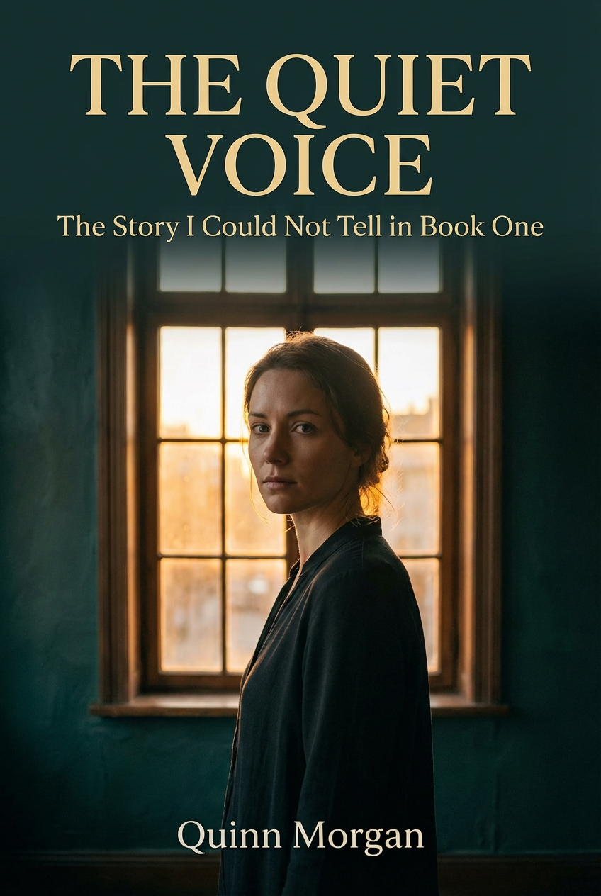 Book cover titled "The Quiet Voice: The Story I Could Not Tell in Book One" by Quinn Morgan, featuring a woman with long hair and serious expression standing in front of a window during sunset.