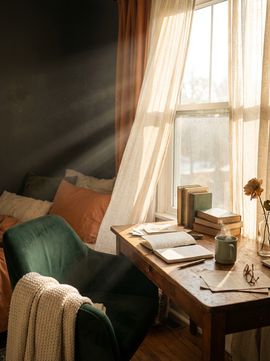 Sunlight streaming through a window onto a cozy workspace with an open journal, closed books, a mug, and a pair of glasses on a wooden desk, with a green upholstered chair and a bed with pillows in the background.
