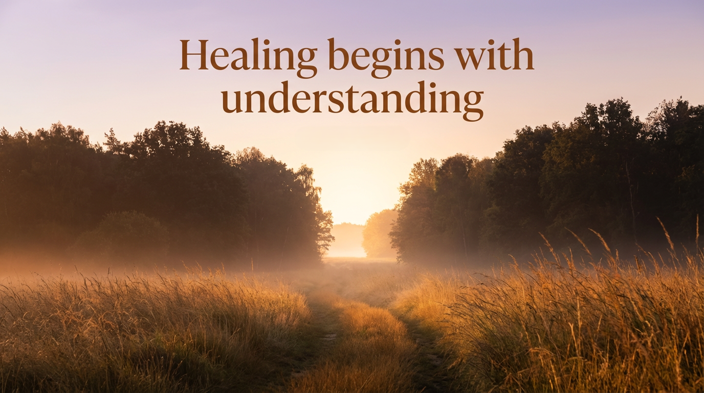 Sunrise over a dirt path through a field with tall grass and trees in the background, with text overlay saying 'Healing begins with understanding'.