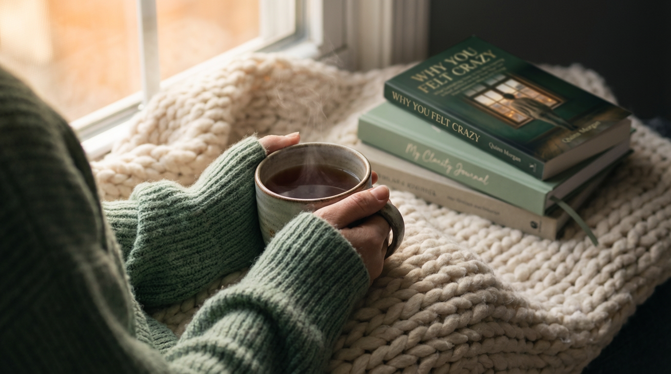 Person holding a mug of hot beverage next to a stack of books on a chunky knit blanket near a window.