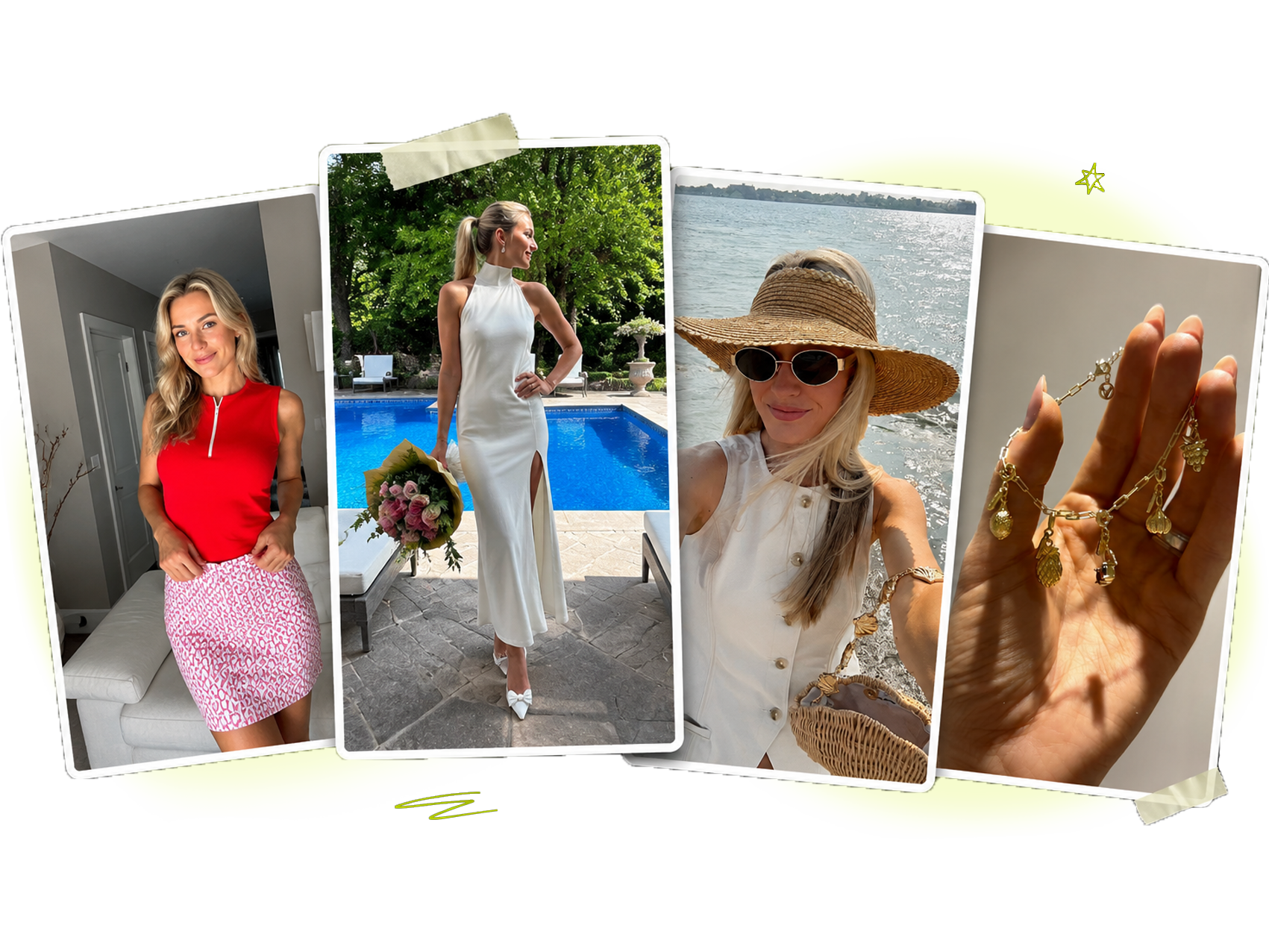 A collage of four photos of a woman with long blonde hair, wearing different outfits and accessories in various outdoor and indoor settings.