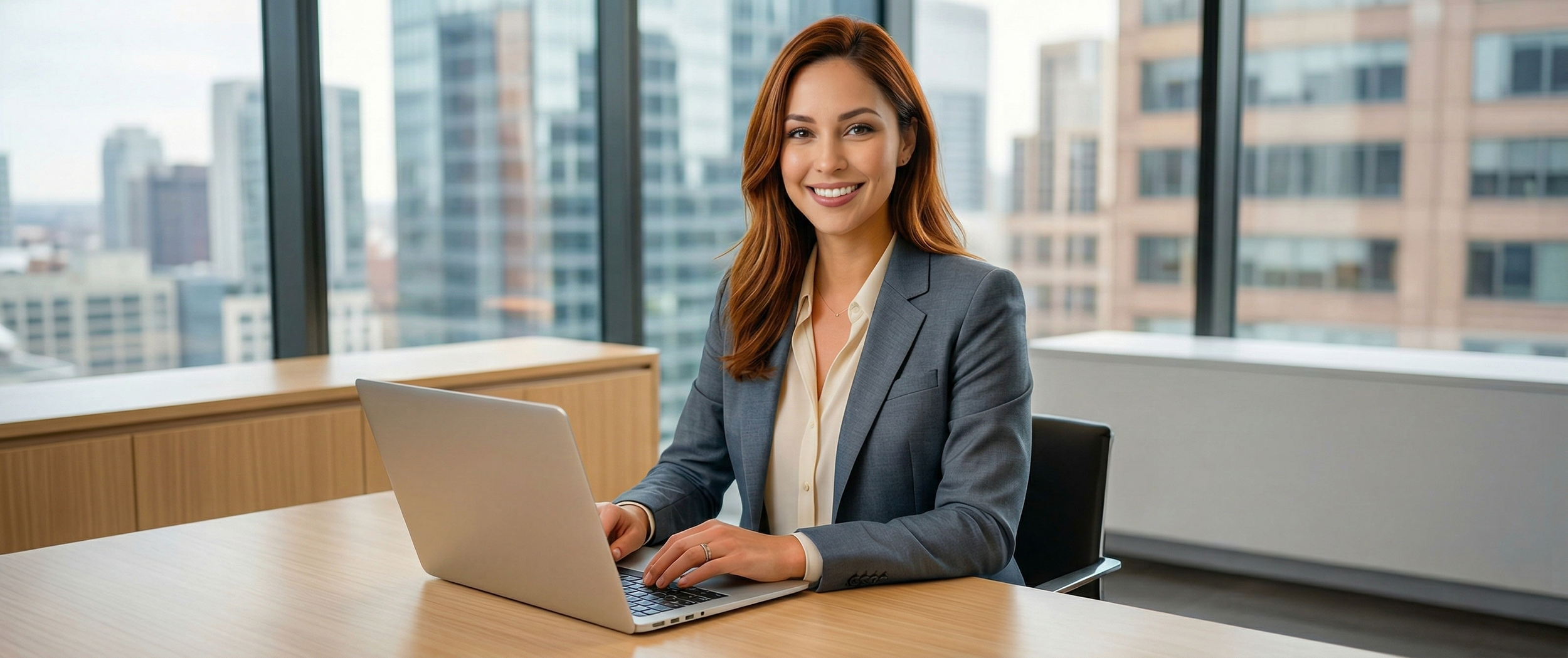 A woman with red hair, wearing a gray blazer and cream blouse, sitting at a wooden desk with a laptop in a modern office with large windows and a city view.