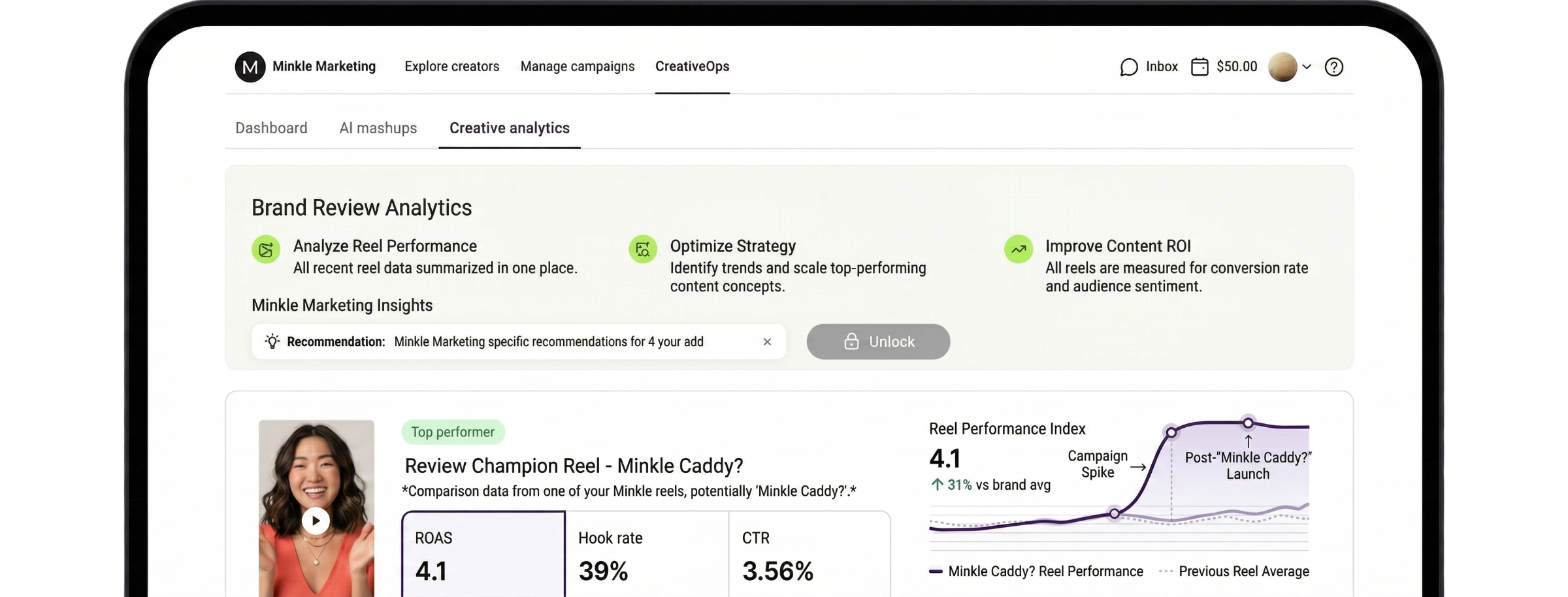 A digital marketing dashboard showing analytics for brand reviews, including reel performance, content ROI, and performance indexes. It features a smiling woman with long dark hair, a play button, and a line graph titled "Reel Performance Index".