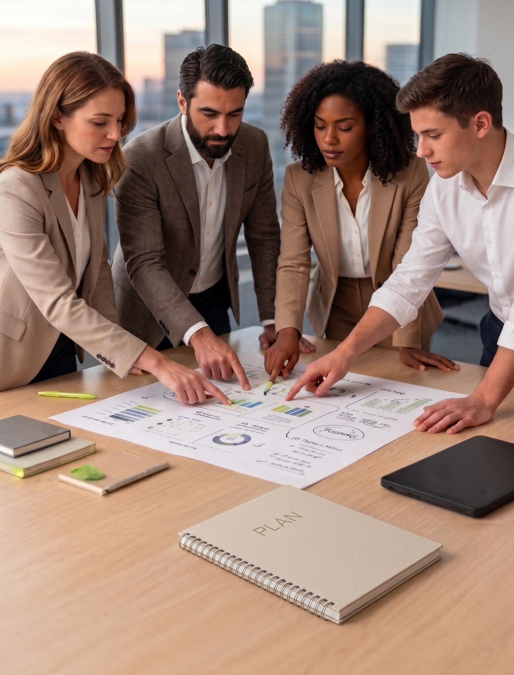 Four business people gathered around a table, looking at a document with charts and graphs, during a meeting in a conference room with large windows.