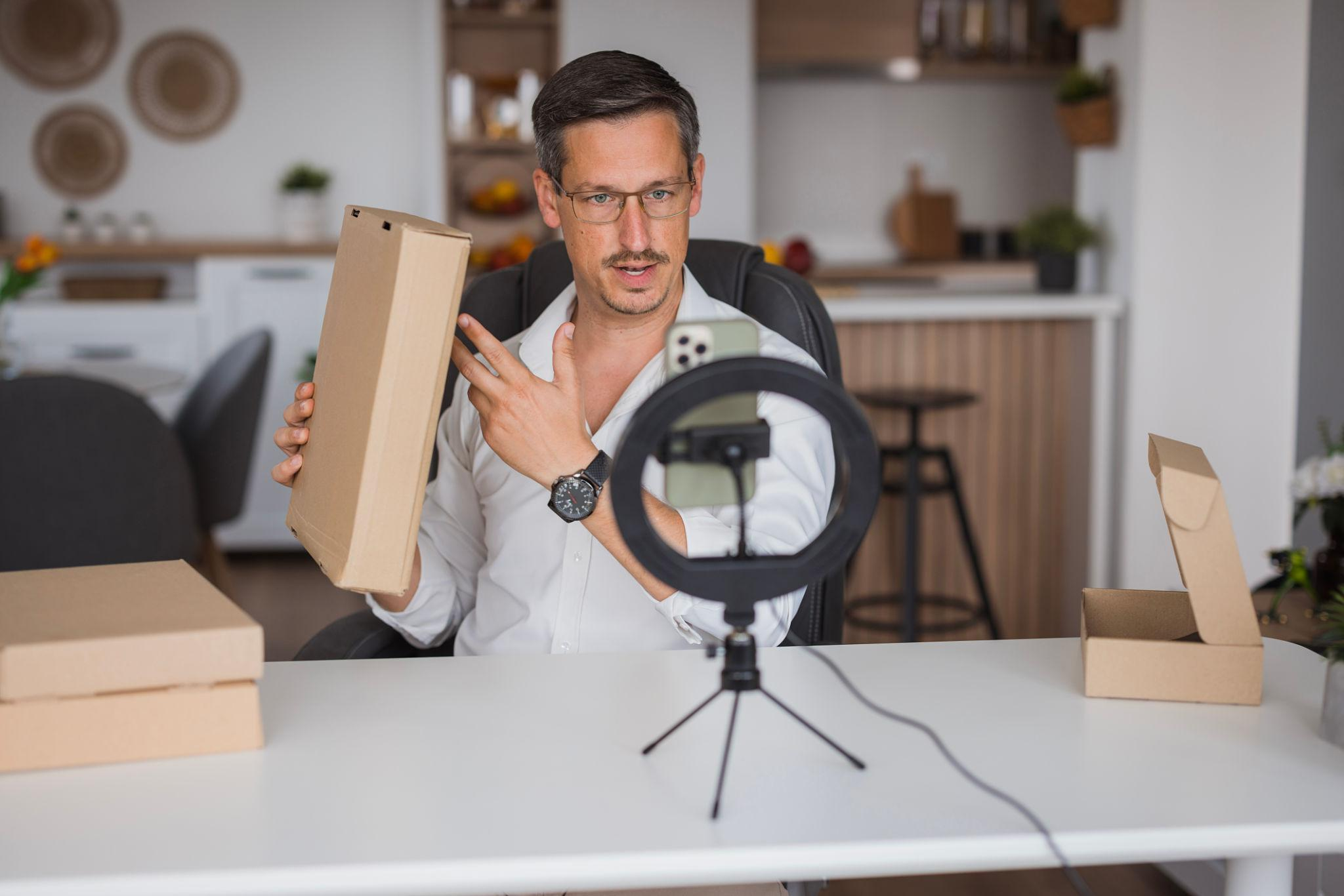 A man with glasses, a mustache, and dark hair, wearing a white shirt, is sitting at a white table in a modern kitchen. He is holding a cardboard box and looking at a smartphone mounted on a tripod in front of him. There are several other cardboard boxes on the table, and the background features kitchen shelves and decor.