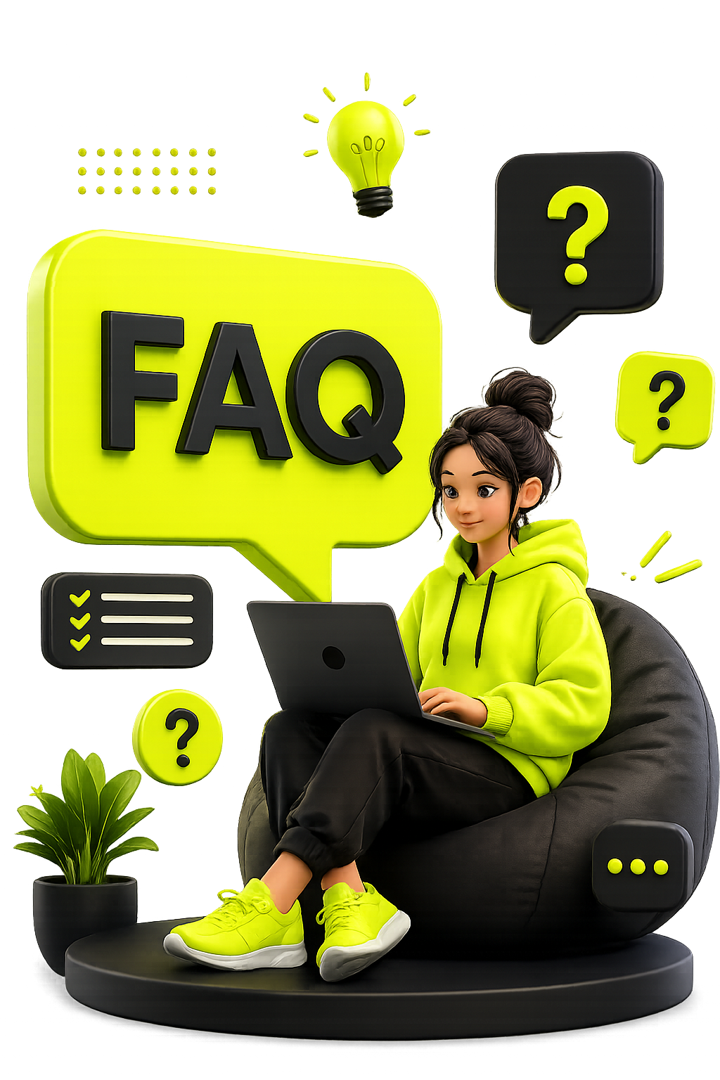 A young woman wearing a bright yellow hoodie and matching sneakers sitting on a black bean bag chair with a laptop. Surrounding her are FAQ-related icons like speech bubbles with question marks, a light bulb, and lists, set against a digitally stylized background.
