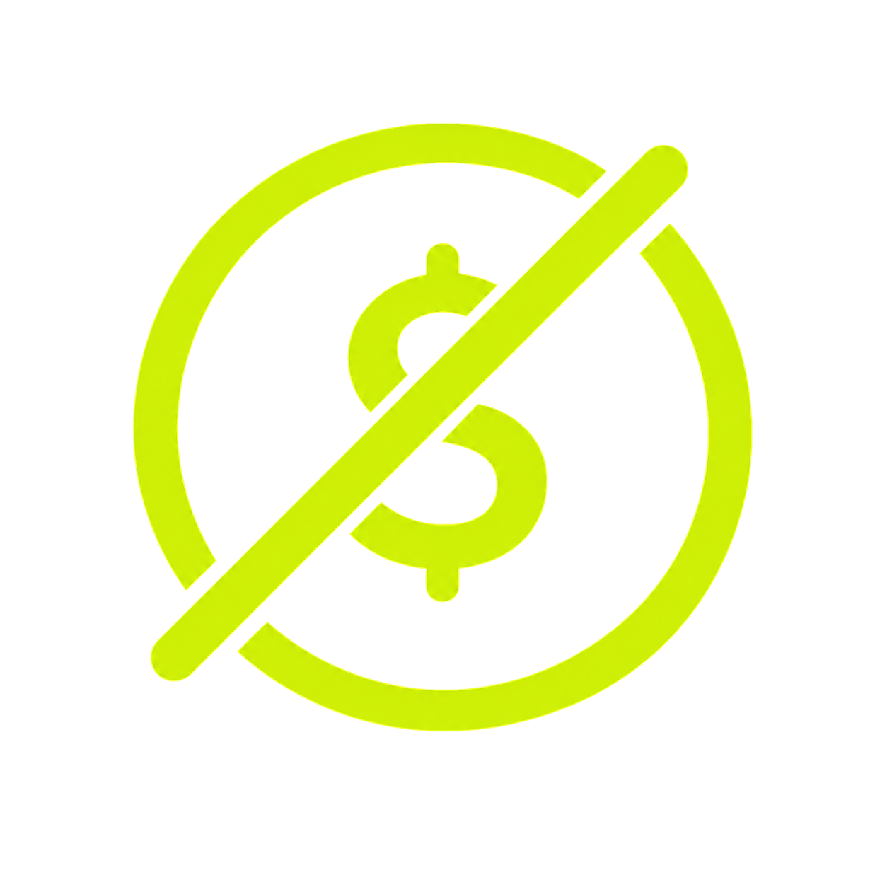Yellow neon sign with a dollar sign crossed out, indicating no cost or free service.