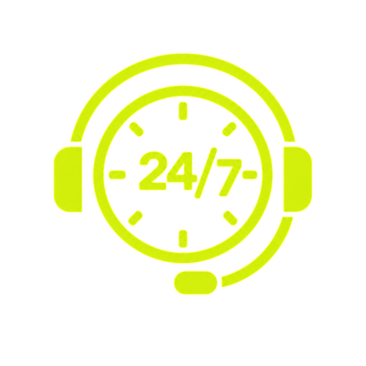 Yellow watch with a 24/7 sign indicating 24-hour availability.