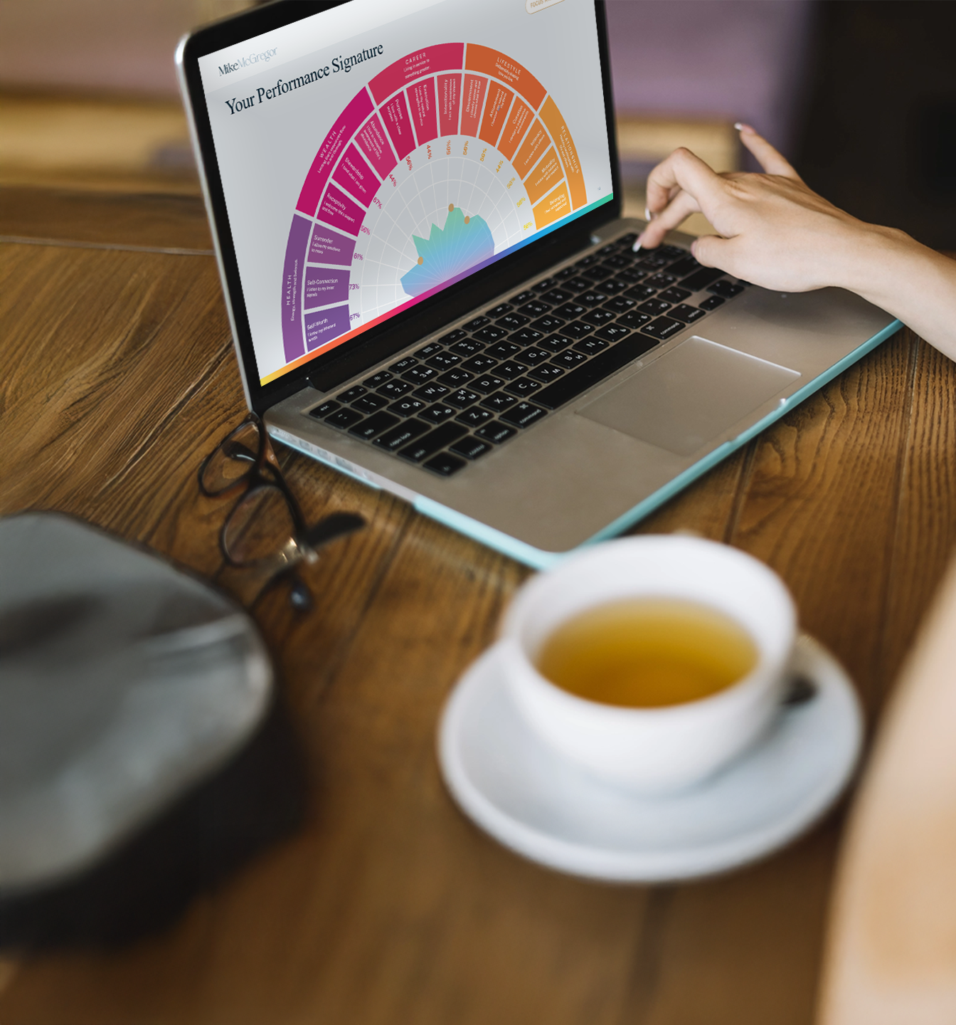 True Self Profile diagnostic results displayed on laptop showing performance signature radial map for executives and professionals