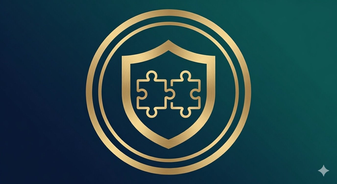 A gold shield emblem with puzzle pieces inside, set against a gradient green background.