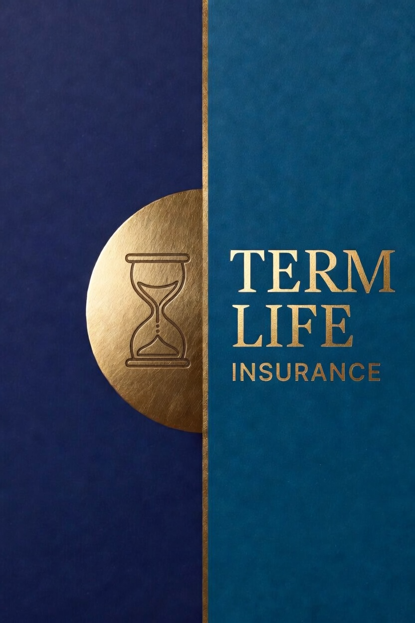 Close-up of a deep blue and teal split background, on the left side a half gold medallion with the words 'Term Life Insurance' and an hourglass icon.