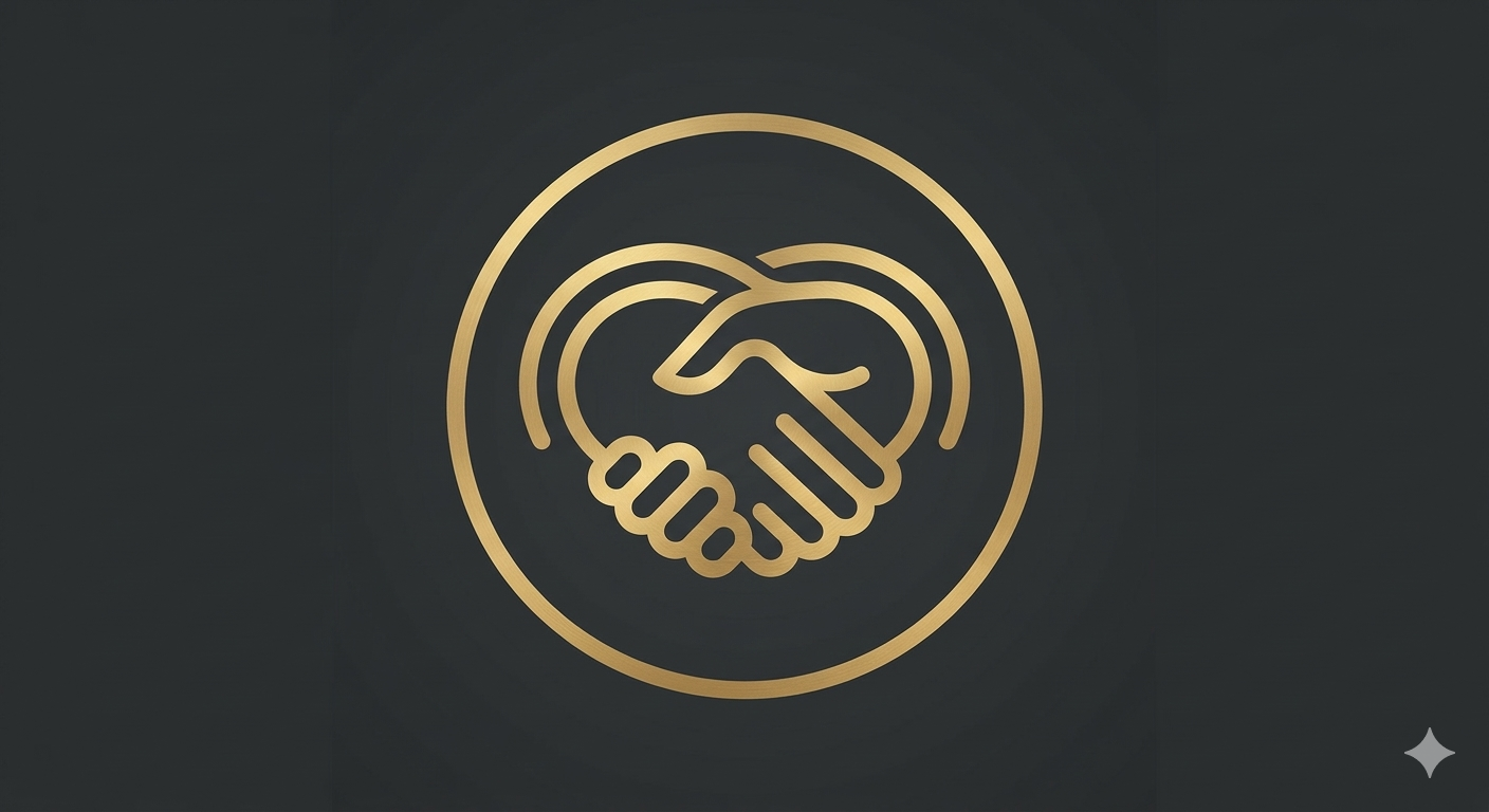 Gold outline of a handshake inside a circle on a dark background.