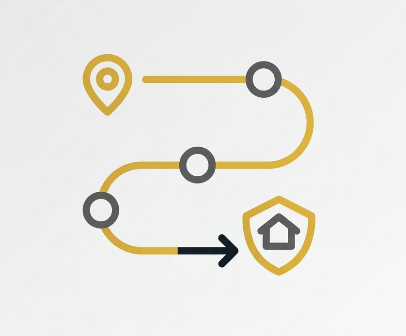 A simplified path map showing a route from a location marker to a house icon, with intermediate stops along the way.