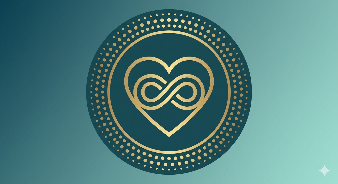 A circular logo with a gold heart and infinity symbol inside, surrounded by gold dotted rings on a teal background.