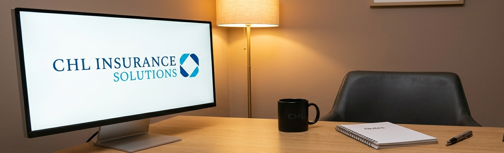 A desk with a computer monitor displaying CHL Insurance Solutions logo, a black mug with CHL logo, a spiral notebook labeled Notes, and a silver pen, with a floor lamp in the background.