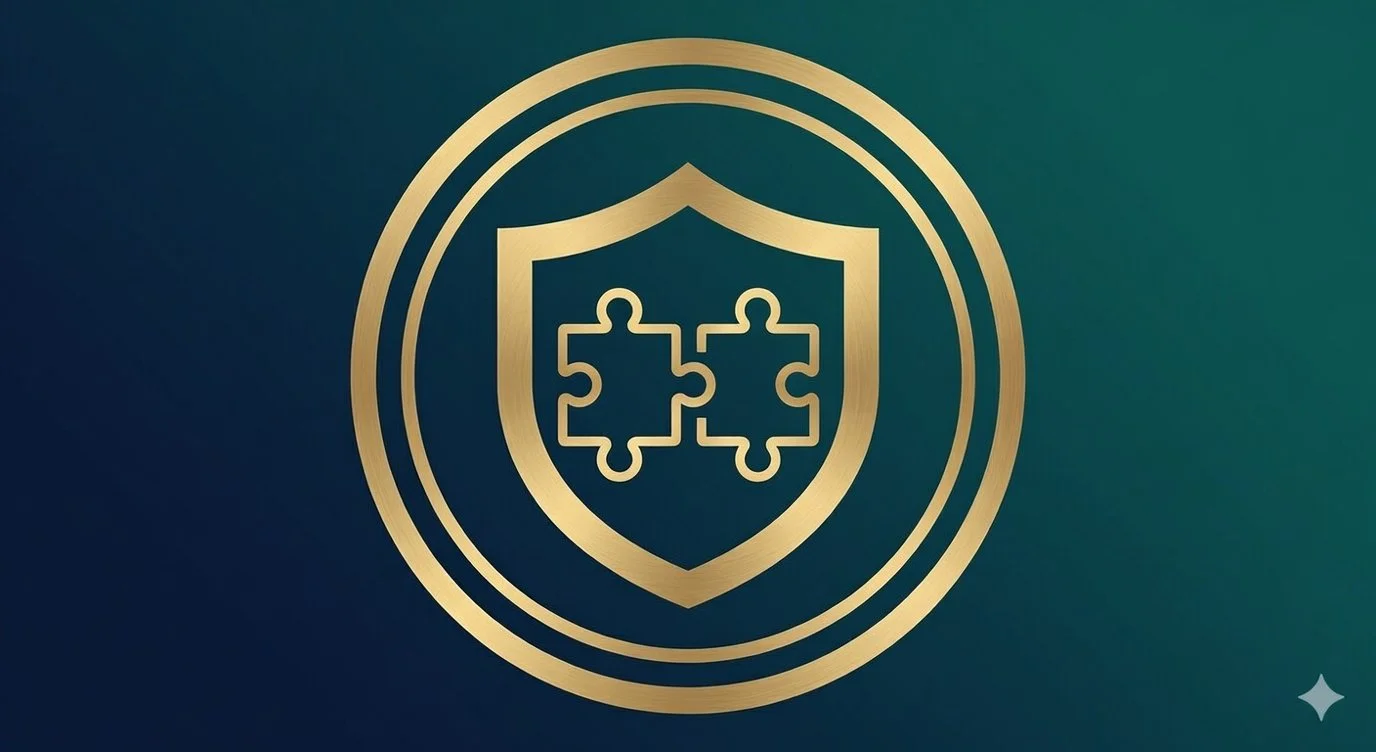Security shield icon with puzzle pieces fitting together illustrating supplemental gap coverage like Hospital Indemnity and Cancer insurance.