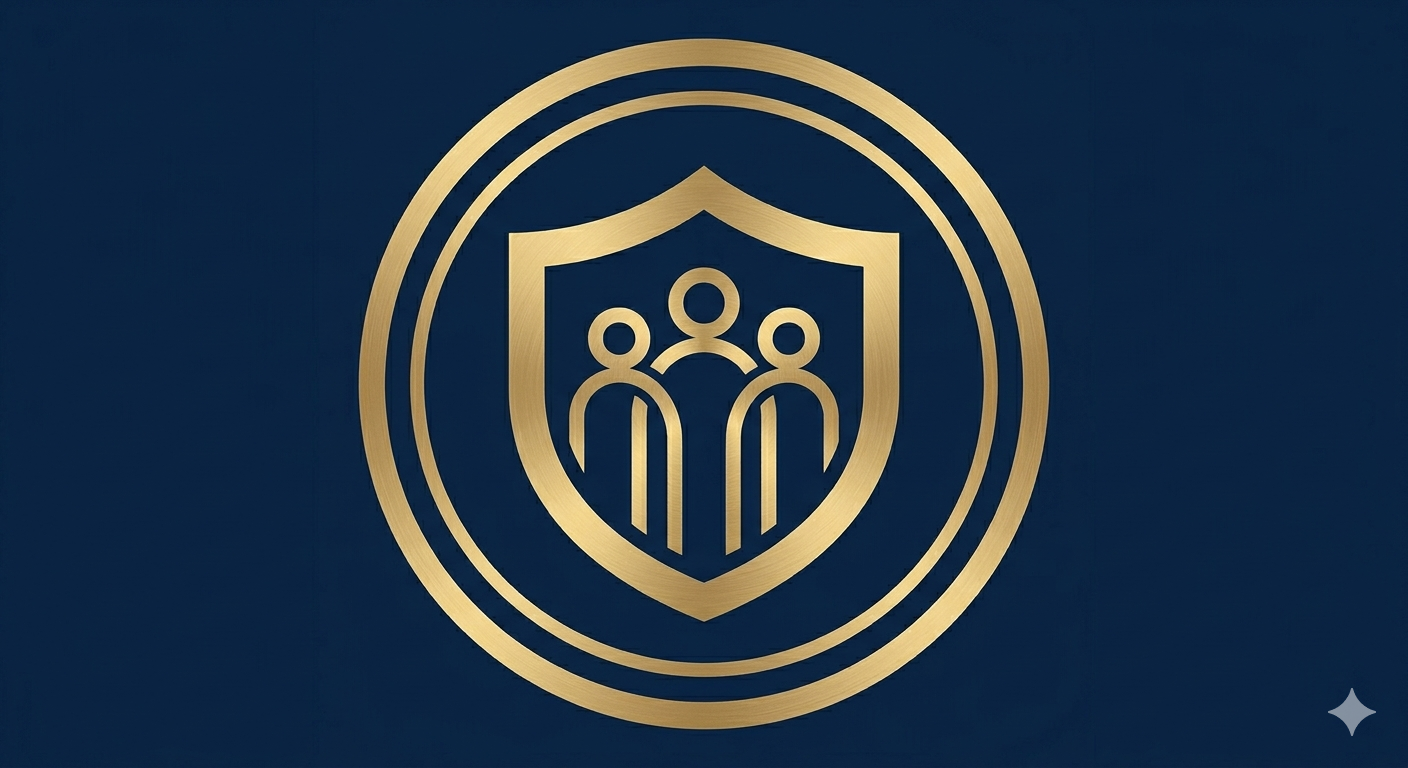 Gold emblem featuring three stylized people inside a shield, surrounded by concentric circles, on a dark blue background.