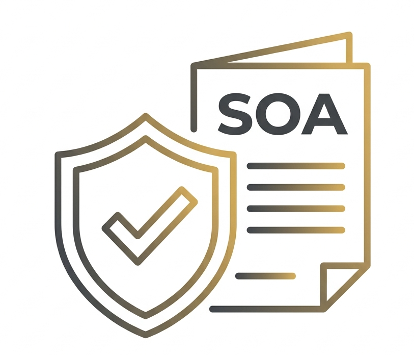Icon of a shield with a checkmark and a document labeled 'SOA' indicating security and service-oriented architecture documentation.