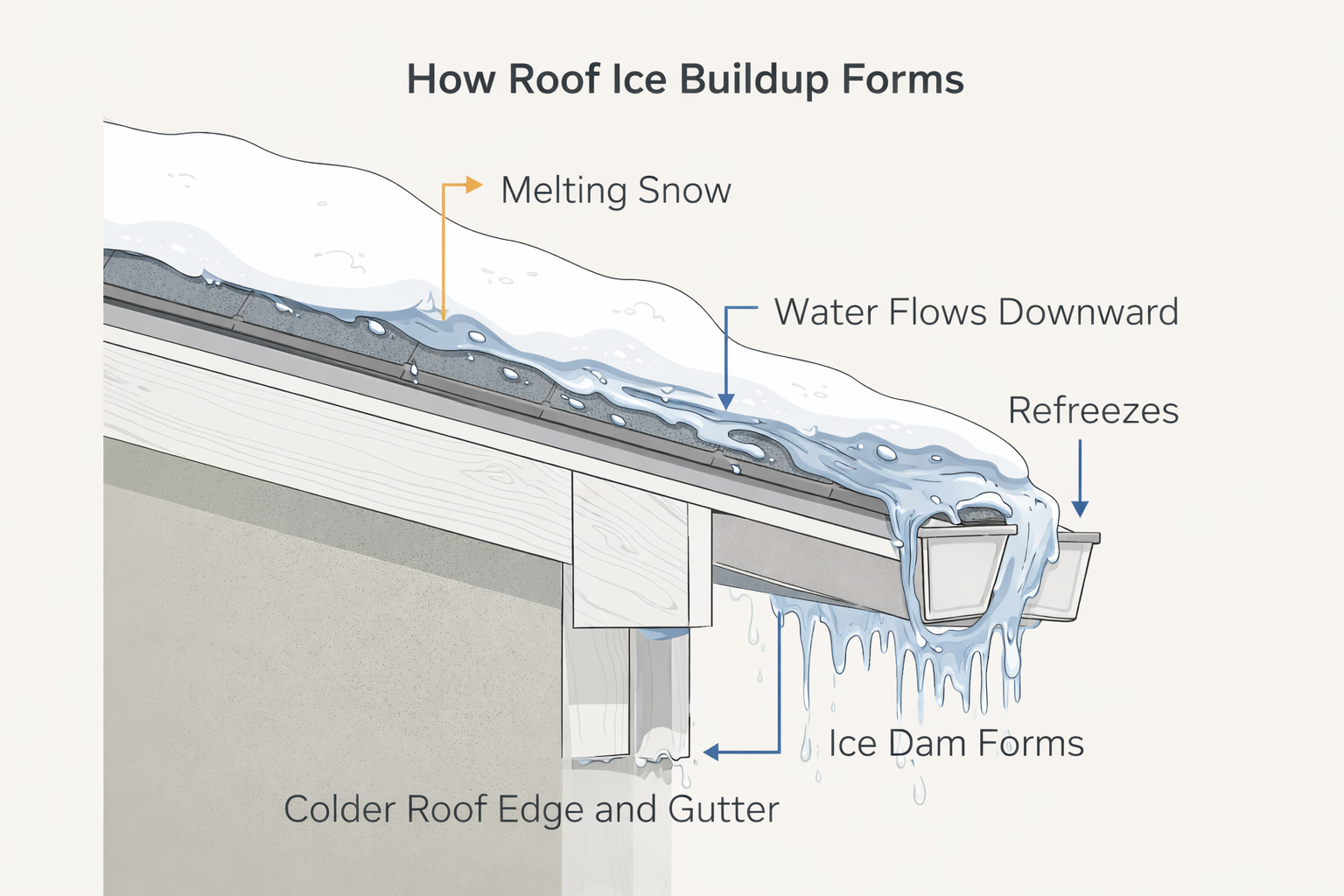 Diagram showing how roof ice buildup forms, with melting snow, water flowing downward, refreezes, ice dam forms, and colder roof edge and gutter.