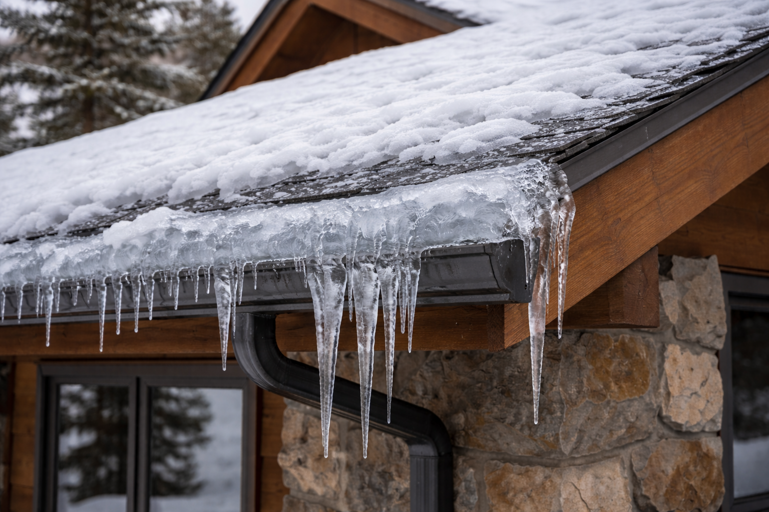 Snow-covered roof with melting icicles hanging down from the edge of the roof.
