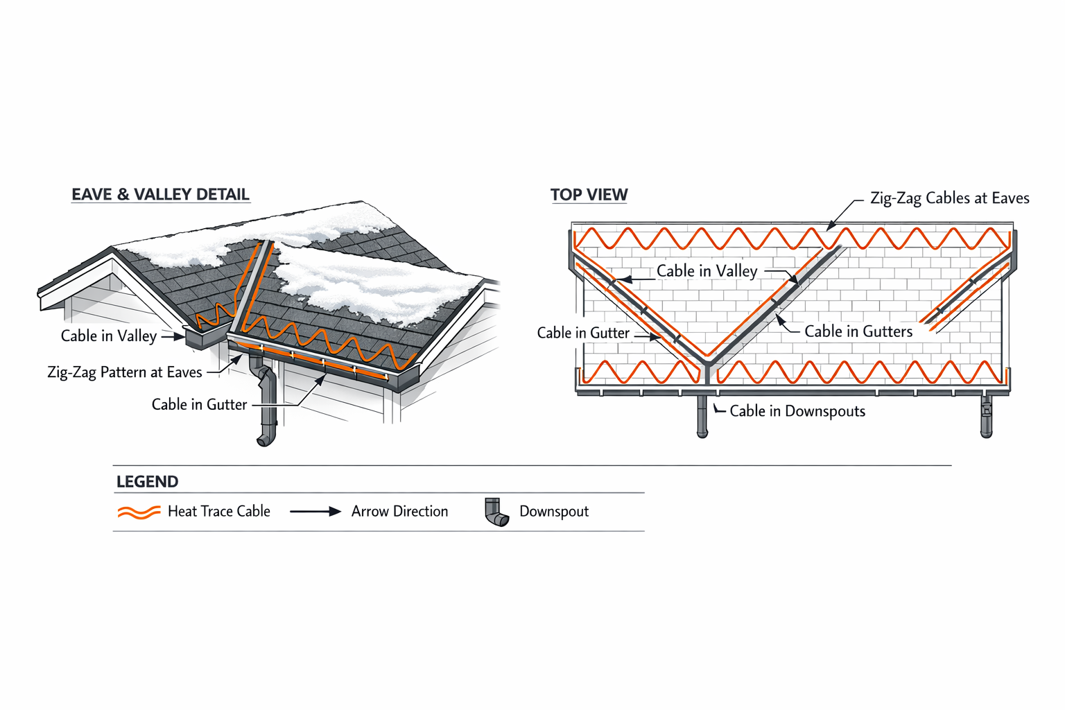 Diagram of roof gutter heat tracing system showing cables in valley, gutter, and downspouts, with zig-zag pattern at eaves, and legend indicating heat trace cables and arrow directions.