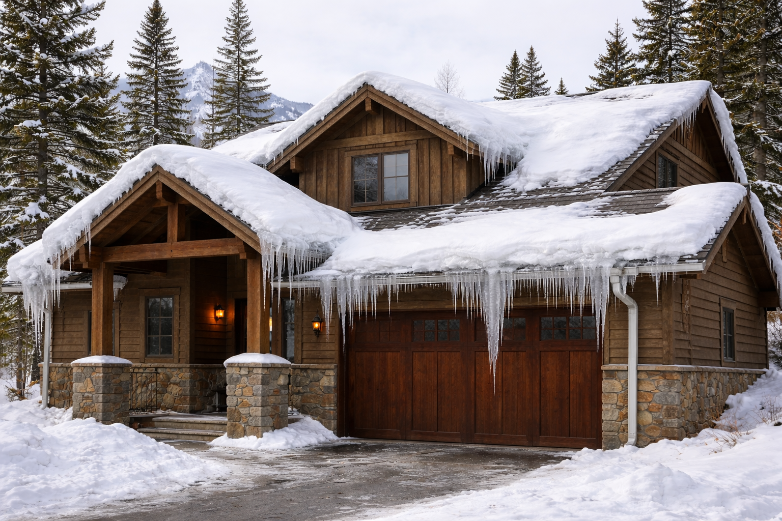 A wooden house with a stone foundation and a garage, covered in snow and icicles, surrounded by tall pine trees in a winter landscape.