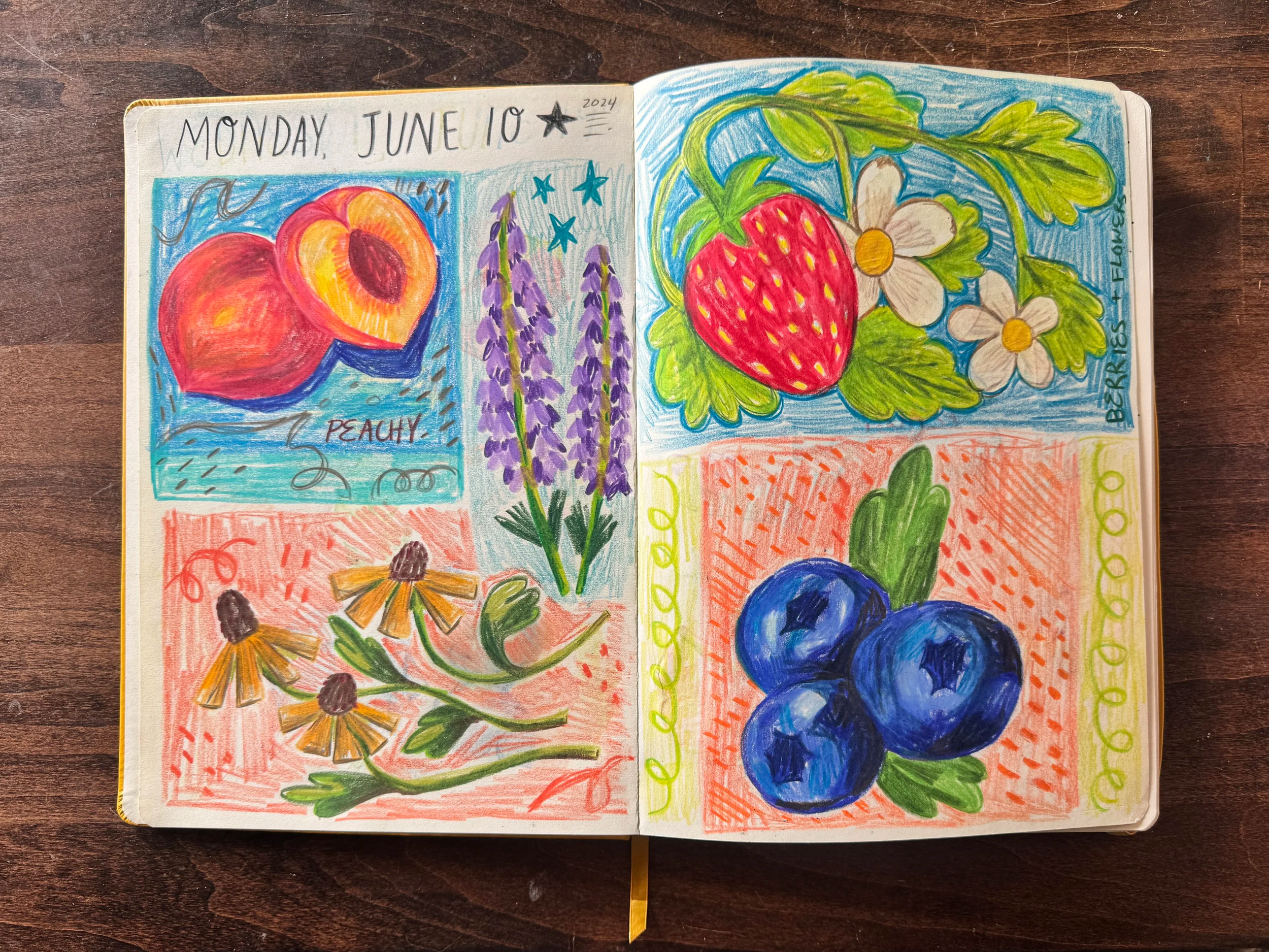 A colorful sketchbook page from June 10, 2024, featuring drawings of peaches, lavender, strawberries, daisies, and blueberries, with handwritten notes and decorative borders.
