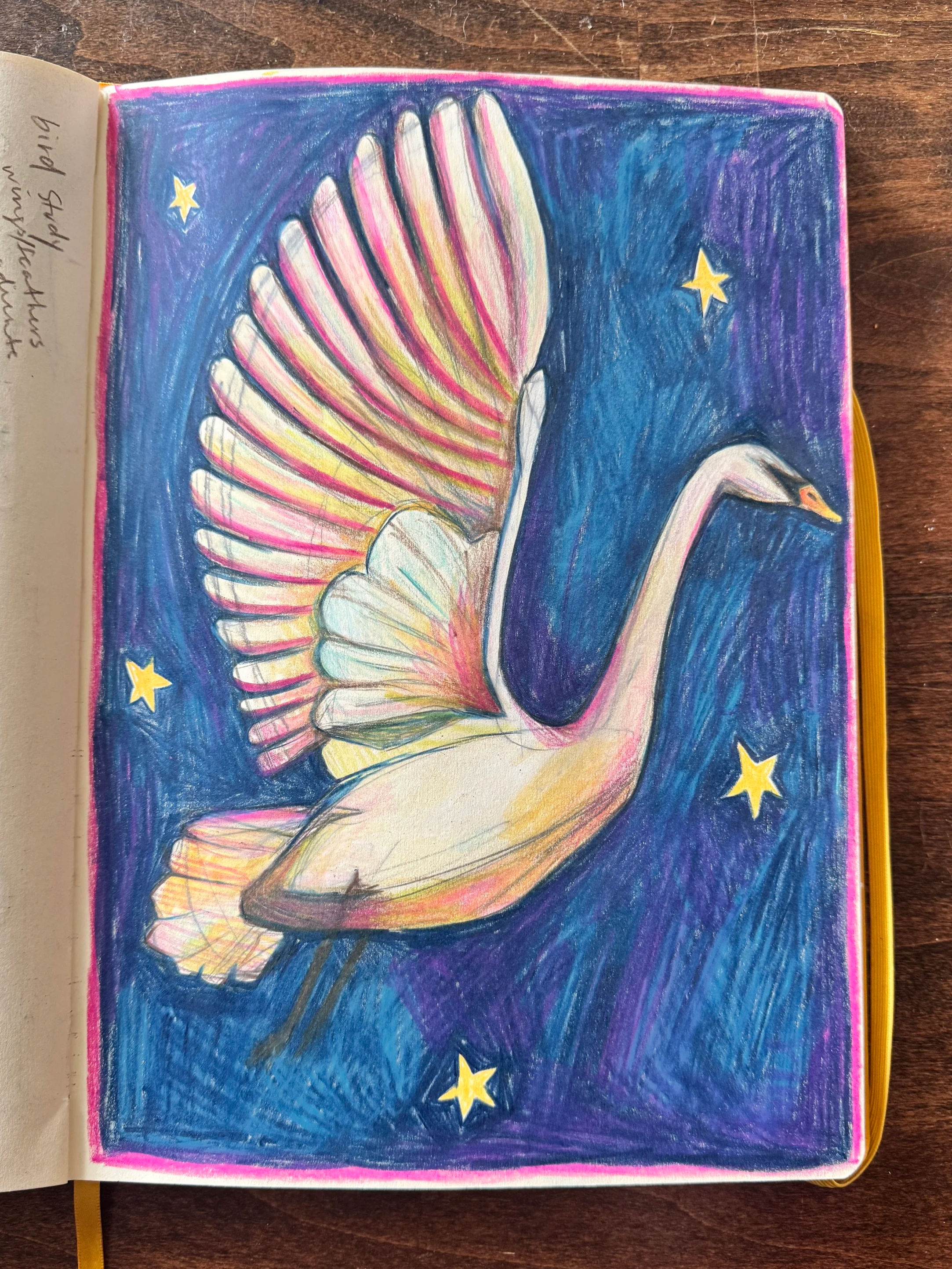Colorful drawing of a flying swan with outstretched wings, set against a dark blue background with yellow stars.
