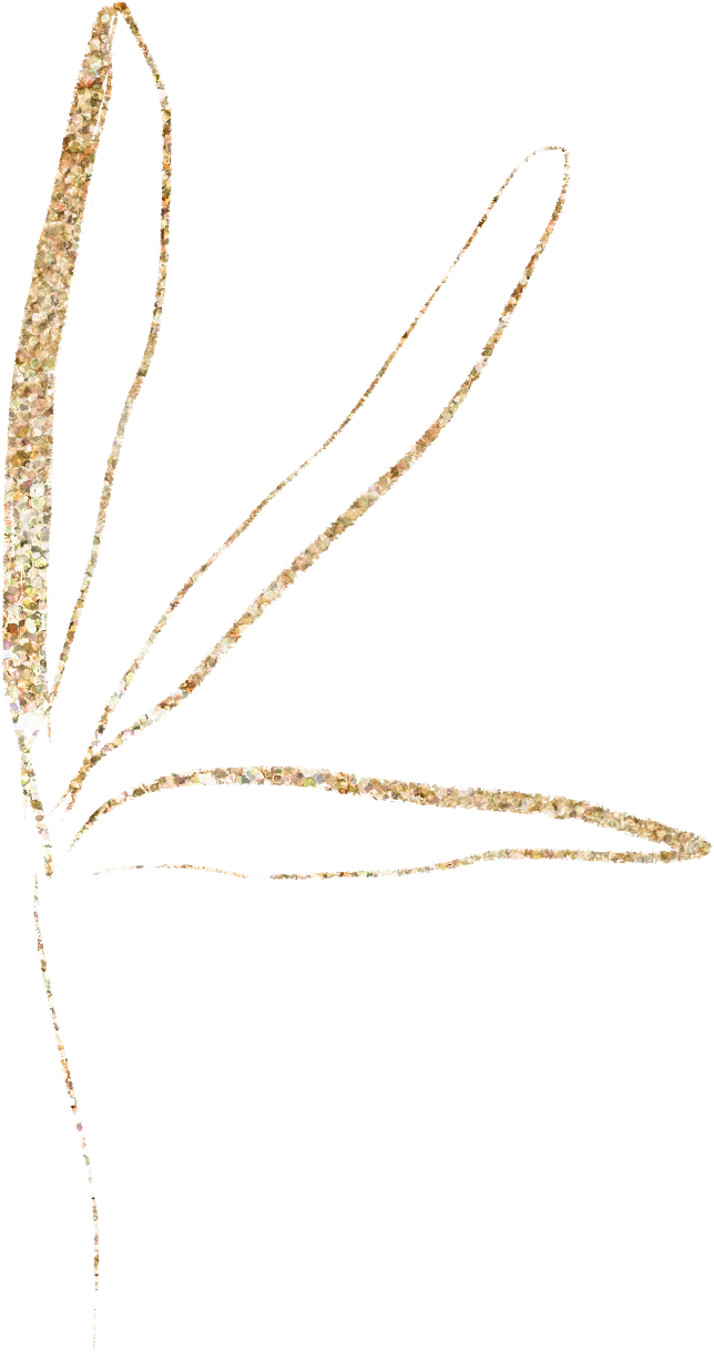 A minimalist gold glitter outline drawing of leaves on a black background.